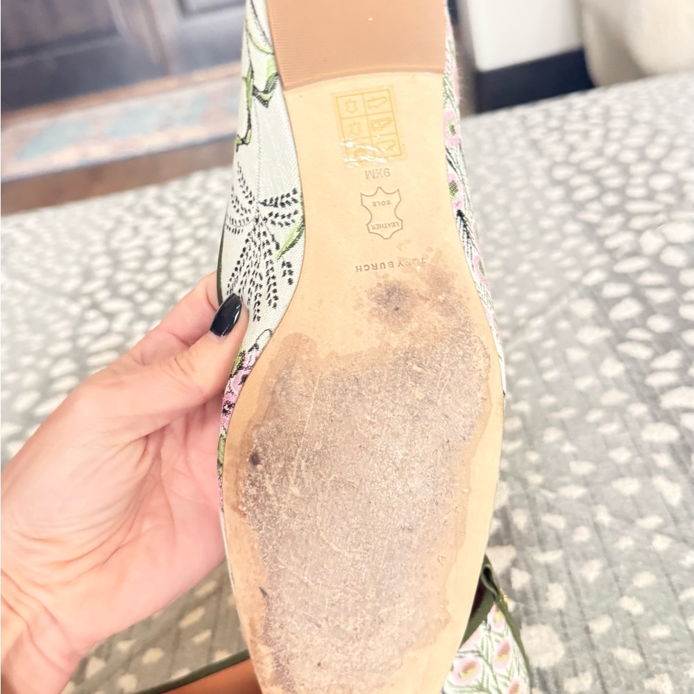 Tory Burch Floral Canvas Ballet Flats with Green Pom Pom - Picture 11 of 13